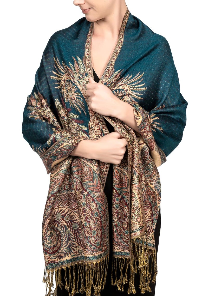 Achillea Soft Silky Reversible Paisley Pashmia Shawl Wrap Scarf w/Fringes (Big Paisley Teal) - Image 3